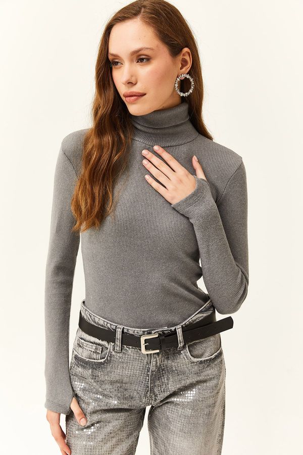 Olalook Olalook Women's Smoked Turtleneck Lycra Blouse with Finger Detail