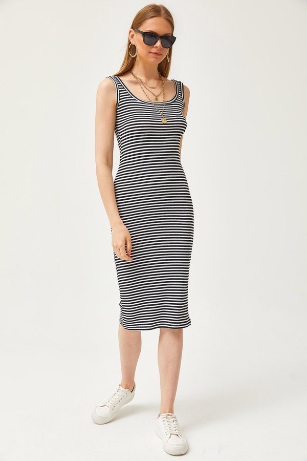 Olalook Olalook Women's Striped Black Thick Strap Lycra Midi Dress