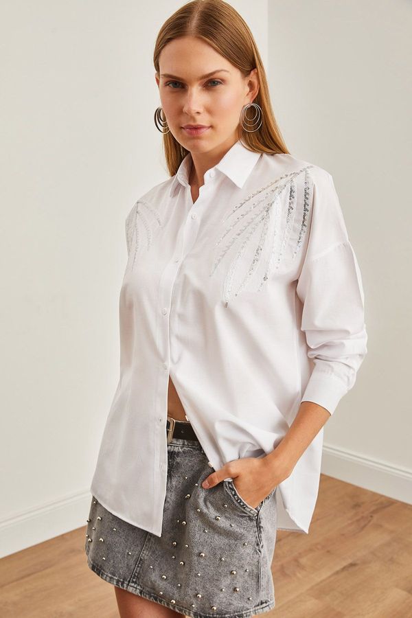 Olalook Olalook Women's White Palm Tree Detailed Woven Shirt