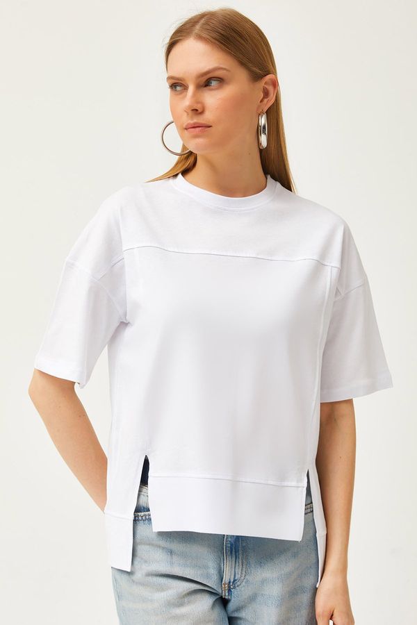 Olalook Olalook Women's White Stitching Detailed Cut-Front Cotton T-Shirt