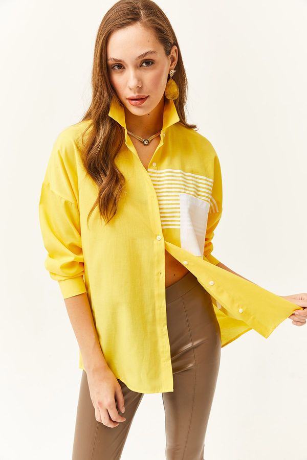 Olalook Olalook Women's Yellow Pocket Detailed Oversize Woven Shirt