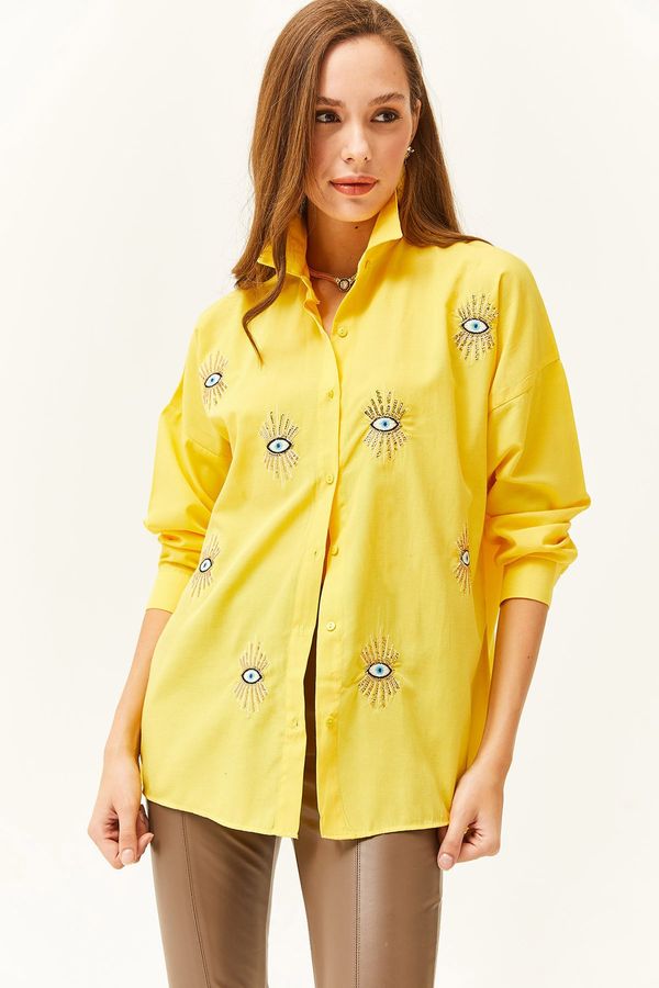 Olalook Olalook Women's Yellow Sequin Detailed Woven Boyfriend Shirt