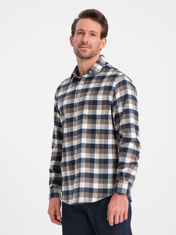 Ombre Ombre Classic men's flannel check cotton shirt - brown and navy blue