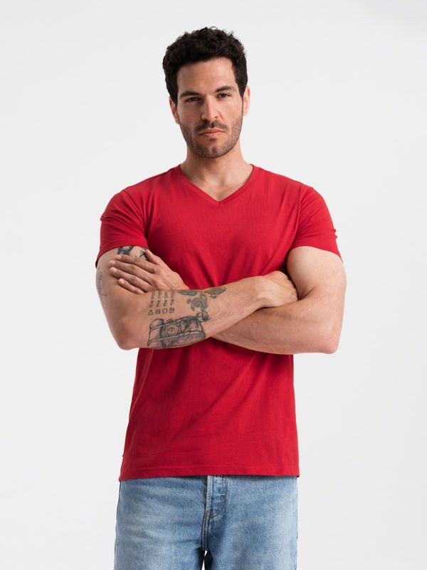Ombre Ombre Men's BASIC classic cotton T-shirt with a v-neck - red