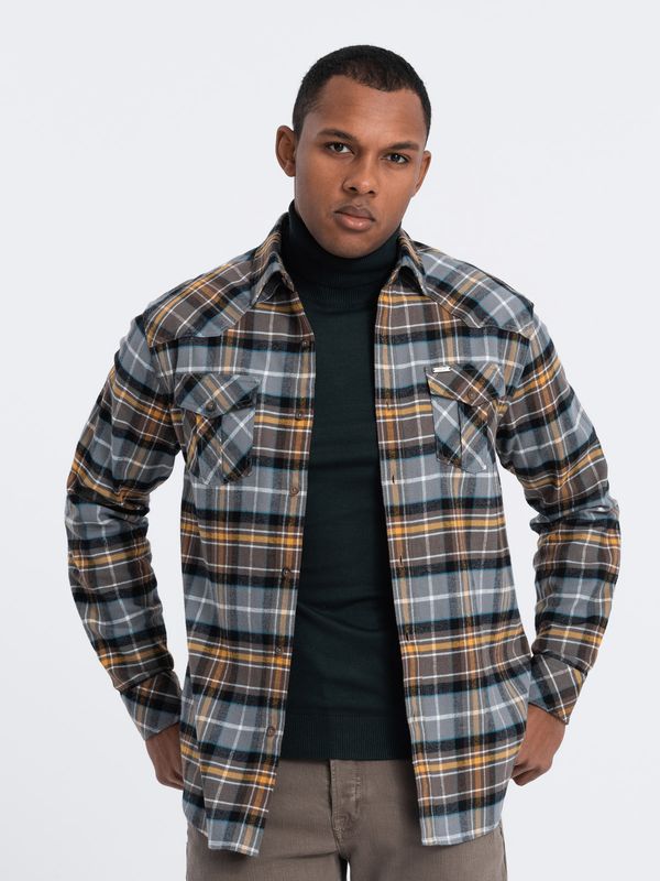 Ombre Ombre Men's checkered flannel shirt with pockets - gray-yellow