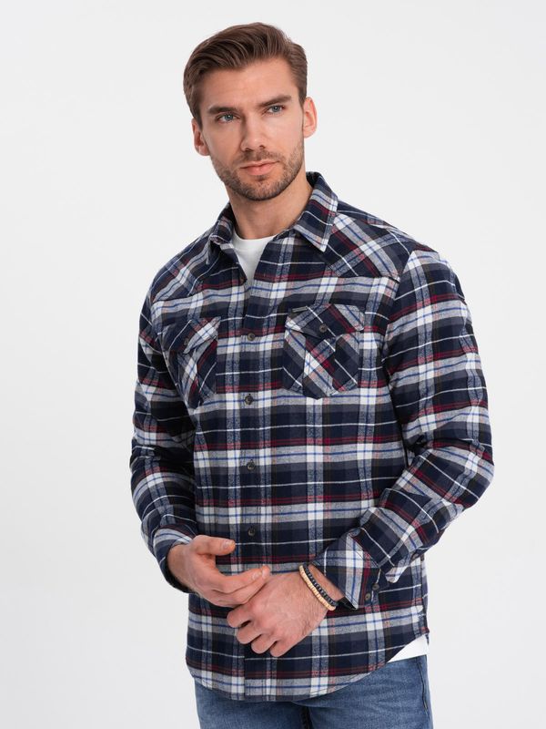 Ombre Ombre Men's checkered flannel shirt with pockets - navy blue and red