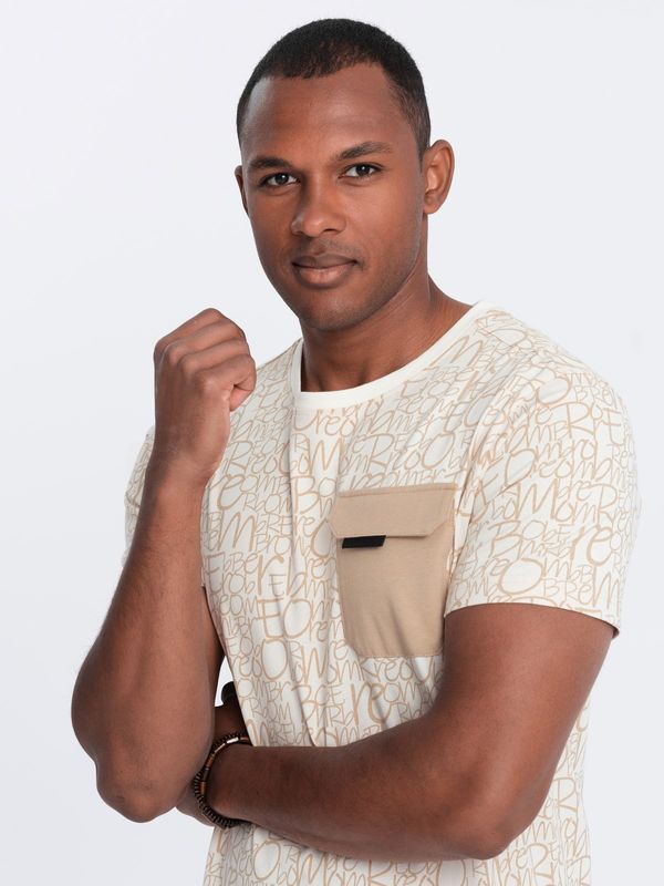 Ombre Ombre Men's cotton t-shirt with letter print and pocket - cream and brown