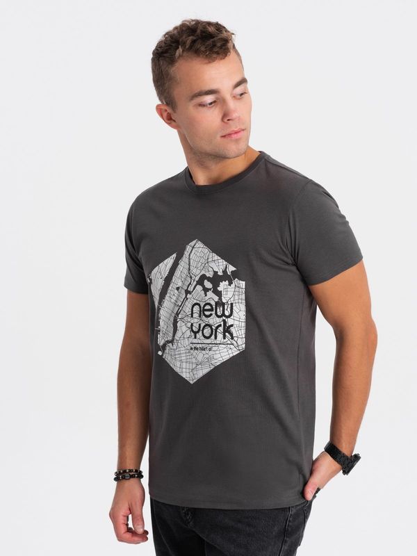 Ombre Ombre Men's cotton t-shirt with map motif print - graphite