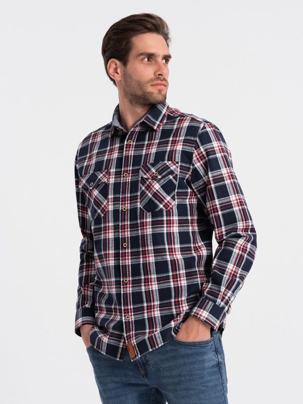 Ombre Ombre Men's flannel shirt with buttoned pockets - red and navy blue OM-SHCS