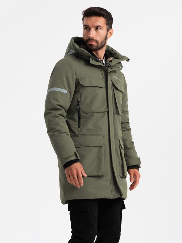 Ombre Ombre Men's insulated long jacket with reflective elements - olive