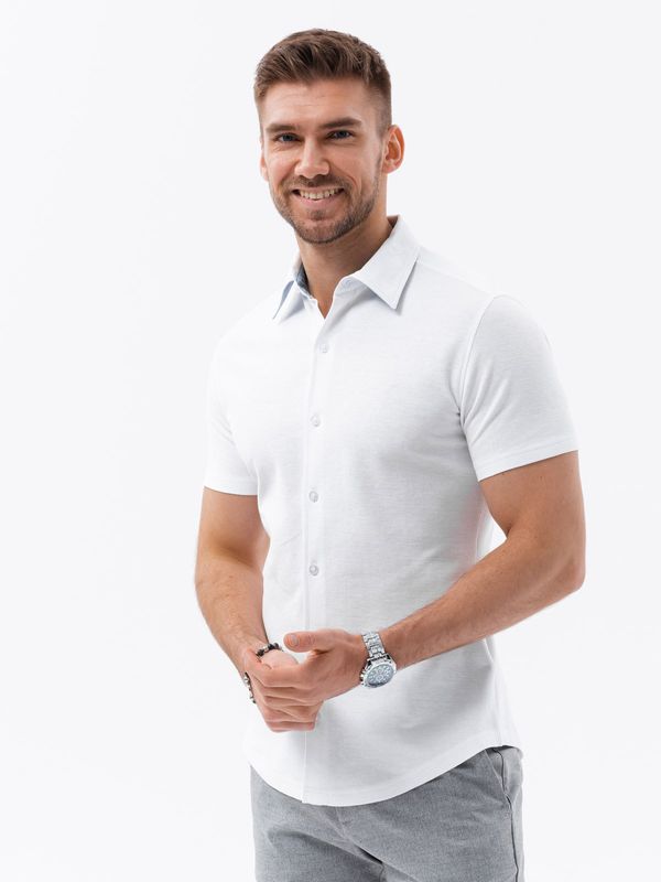 Ombre Ombre Men's knitted slim fit shirt with short sleeves and collar - white