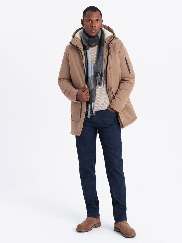 Ombre Ombre Men's long parka sherpa jacket - beige