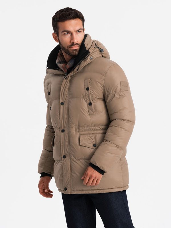 Ombre Ombre Men's long puffer jacket with snap pockets - brown