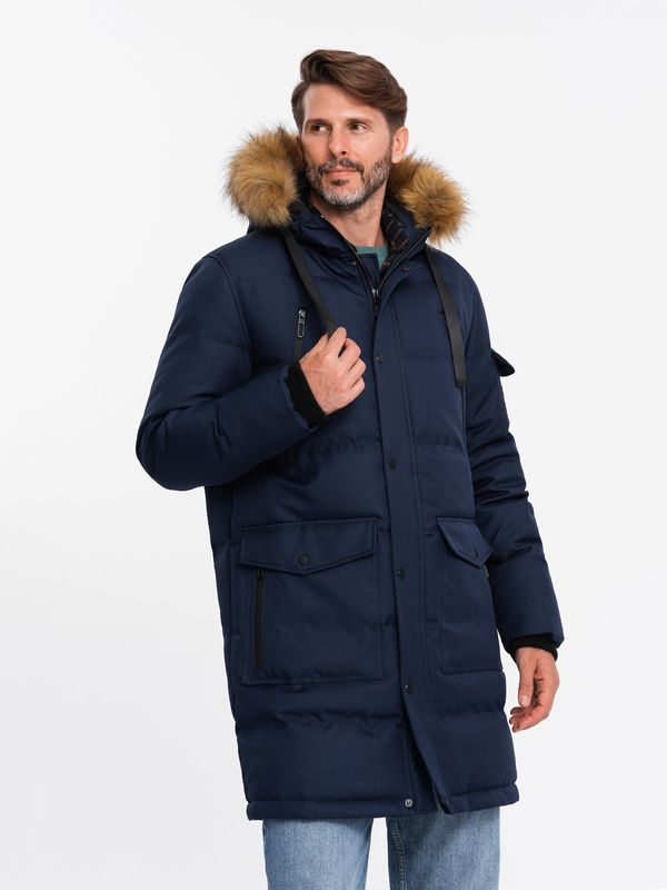 Ombre Ombre Men's long warm parka hooded jacket - navy blue