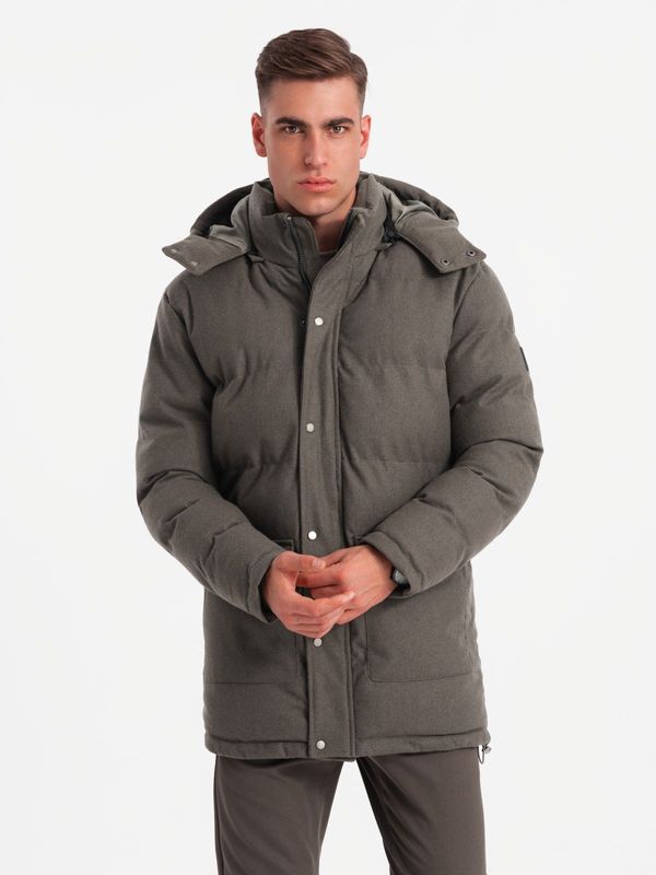 Ombre Ombre Men's long warm parka jacket with wool - dark grey melange