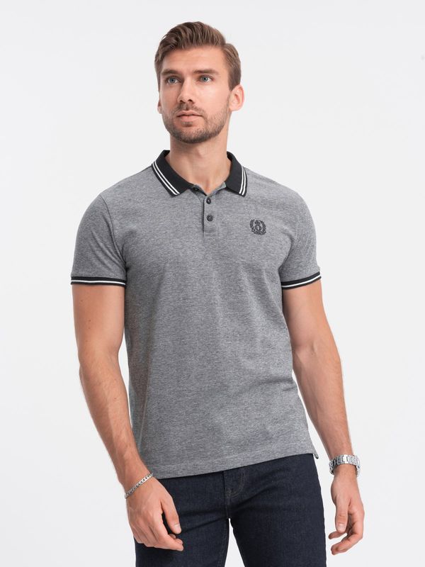 Ombre Ombre Men's melange polo shirt with striped collar - black melange