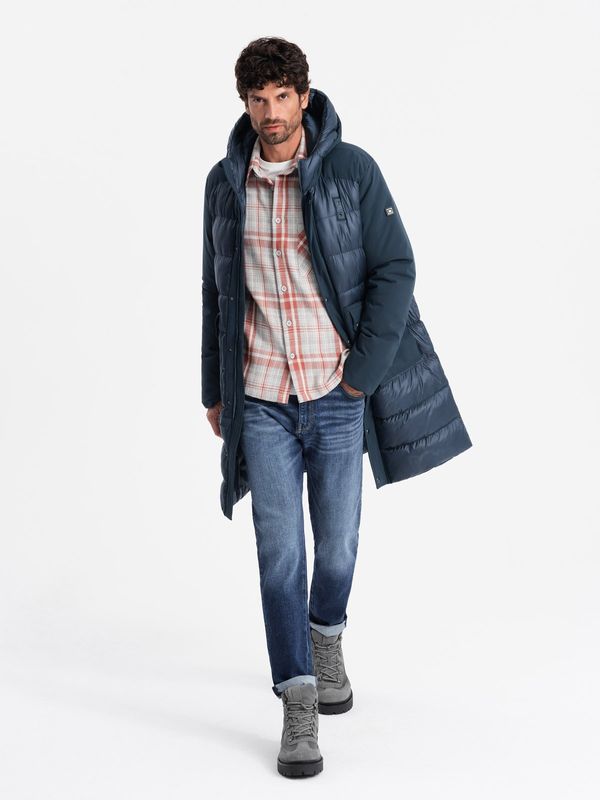 Ombre Ombre Men's quilted long jacket with large pockets - navy blue