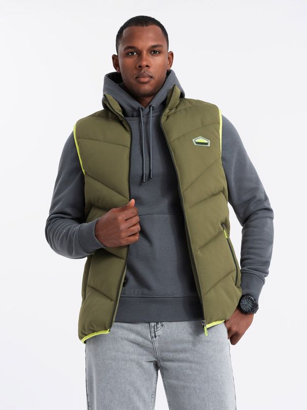 Ombre Ombre Men's quilted sleeveless jacket with neon accents - olive