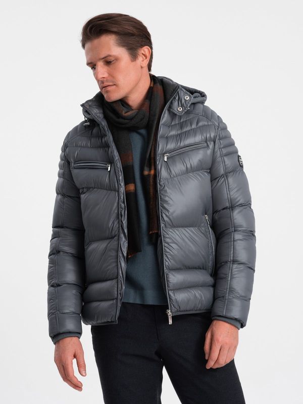 Ombre Ombre Men's quilted winter jacket with decorative zippers - graphite