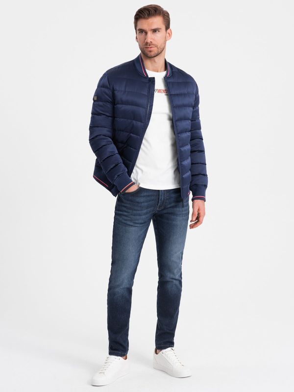 Ombre Ombre Men's satin finish bomber jacket with contrasting ribbed cuffs - dark blue