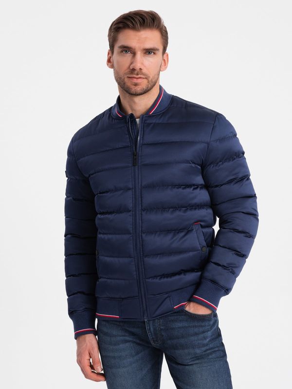 Ombre Ombre Men's satin finish bomber jacket with contrasting ribbed cuffs - dark blue