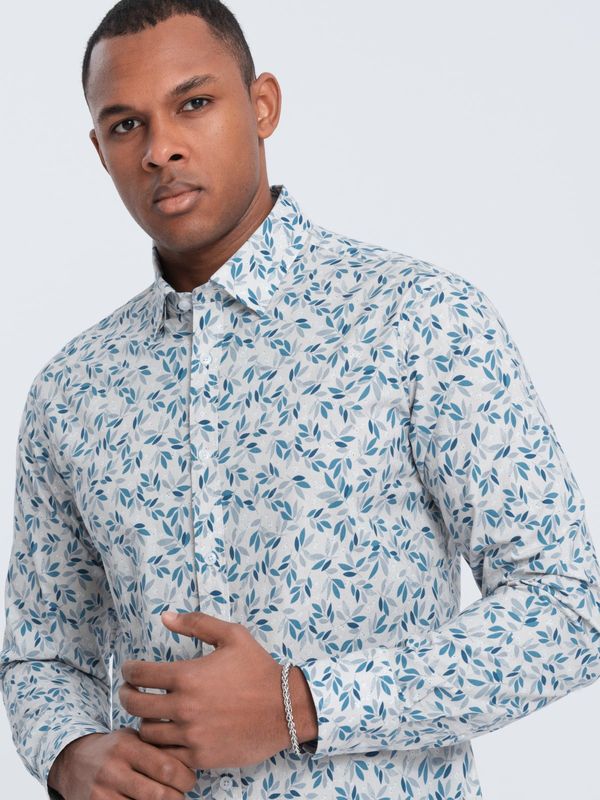 Ombre Ombre Men's SLIM FIT shirt in twig print - blue-gray