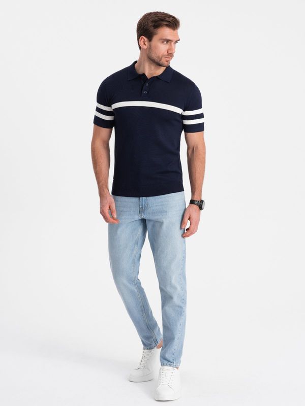 Ombre Ombre Men's soft knit polo shirt with contrasting stripes - navy blue