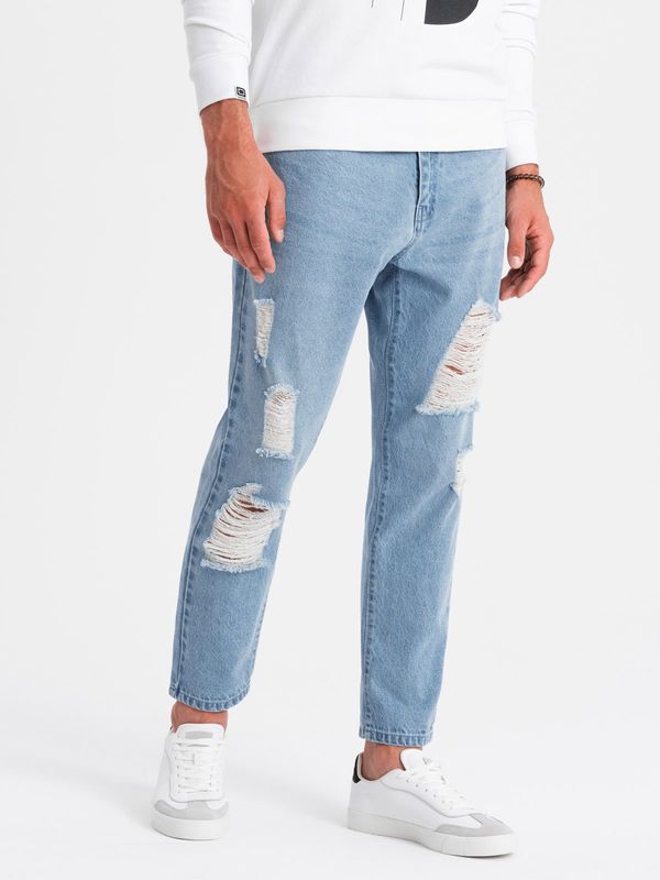 Ombre Ombre Men's TAPERED FIT denim pants with holes - light blue