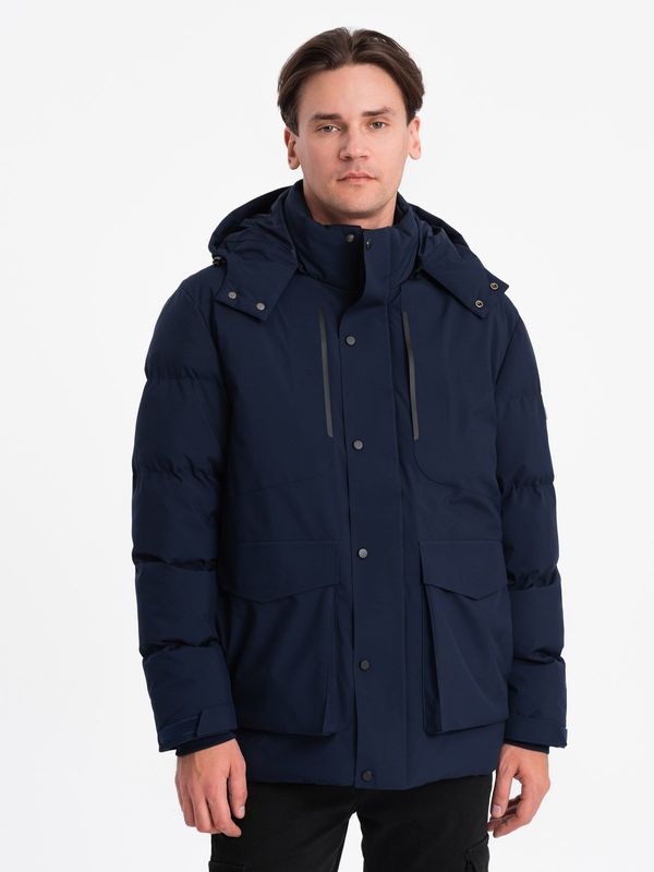 Ombre Ombre Men's winter jacket with detachable hood and cargo pockets - navy blue