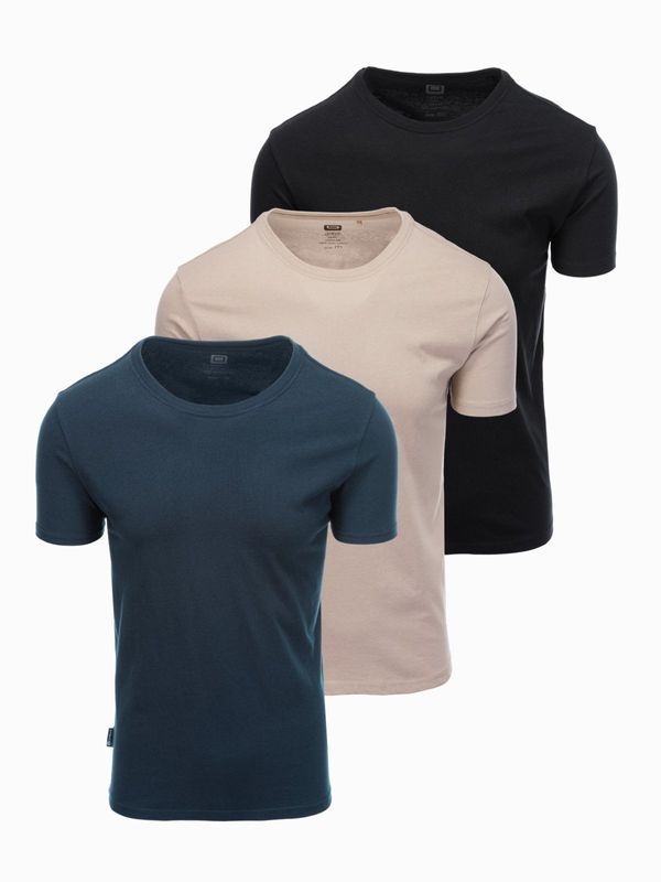 Ombre Ombre Set of men's BASIC cotton shirts with round neckline - black/gray/sand