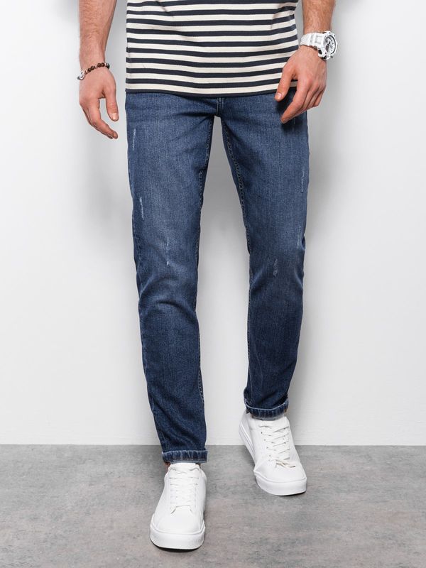 Ombre Ombre Spodnie męskie jeansowez przetarciami REGULAR FIT - ciemnoniebieskie