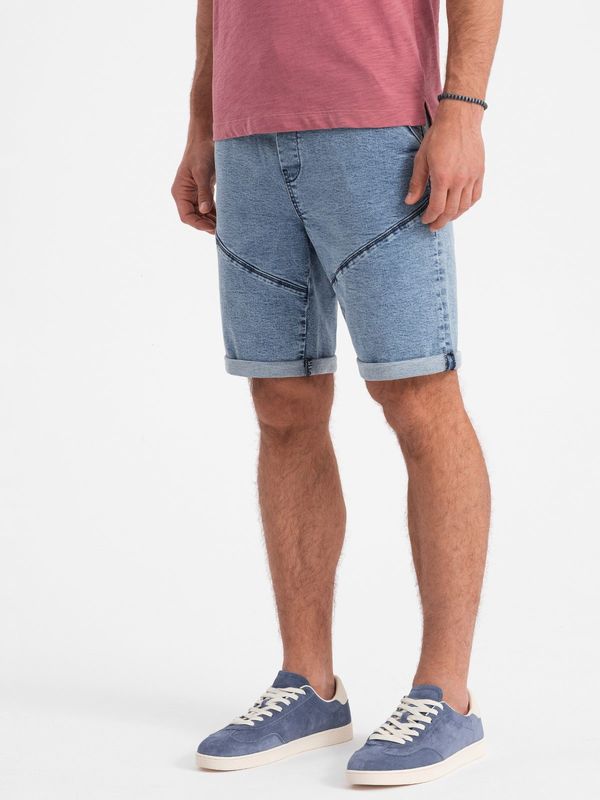 Ombre Ombre Turn-up denim men's short shorts with stitching - light blue