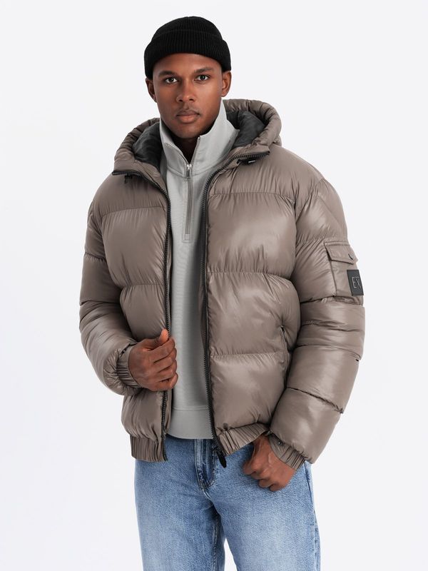 Ombre Ombre Warm men's puffer jacket with welts - dark beige