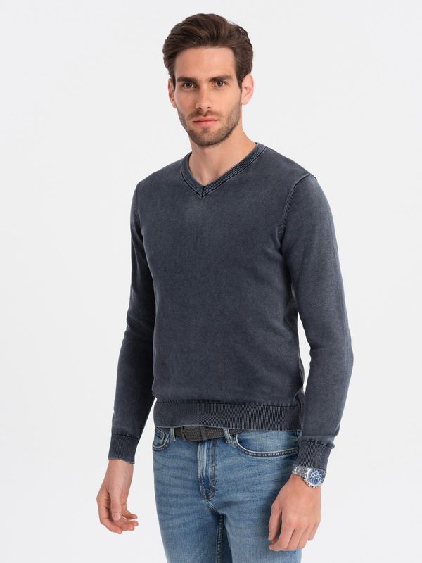 Ombre Ombre Washed men's sweater with v-neck - navy blue