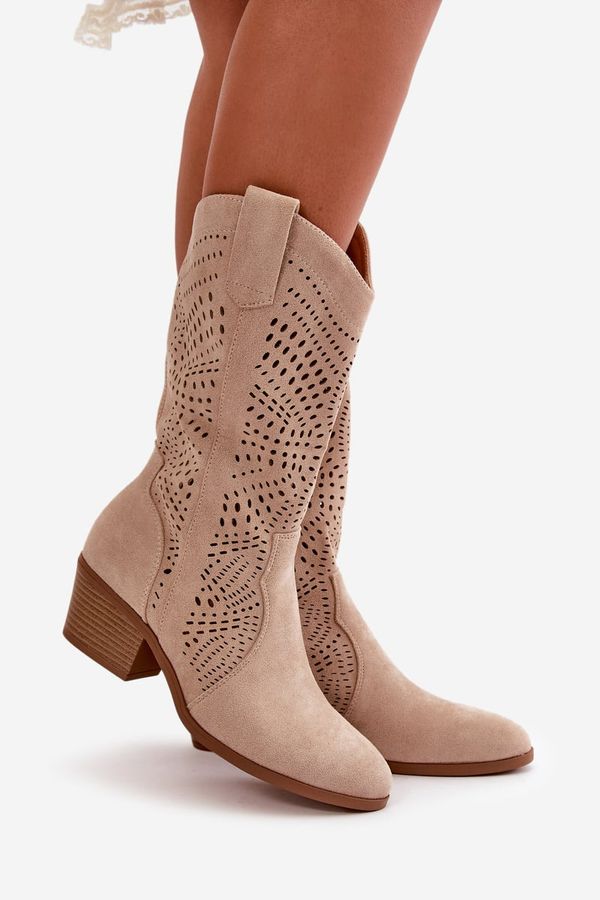 Kesi Openwork Women's Ankle Boots Cowgirls Heeled Beige Iceda