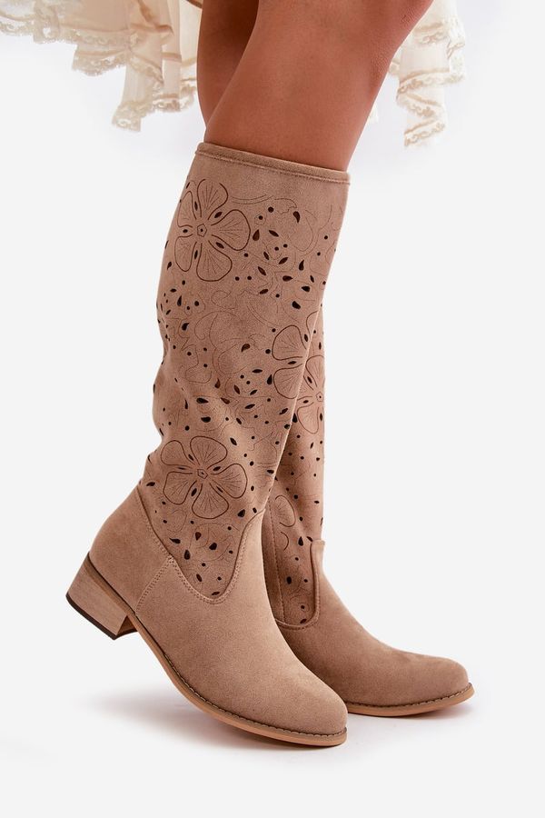 Kesi Openwork women's boots on a low heel eco suede fastened with a zipper dark beige orchids