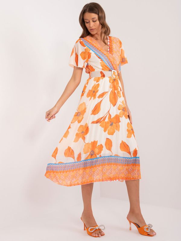 Fashionhunters Orange-beige patterned dress with belt