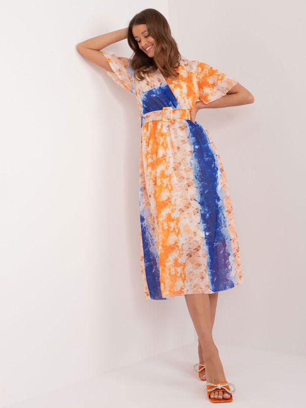 Fashionhunters Orange blue patterned dress with belt