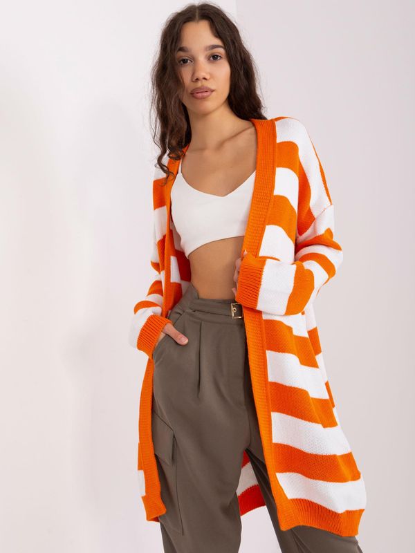 Fashionhunters Orange-white long cardigan without closure