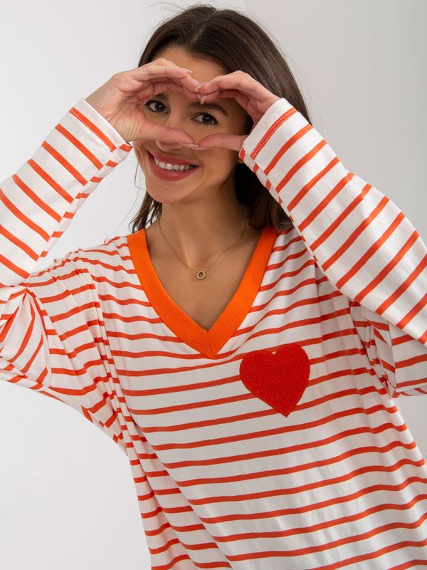 Fashionhunters Orange-white loose striped blouse with neckline