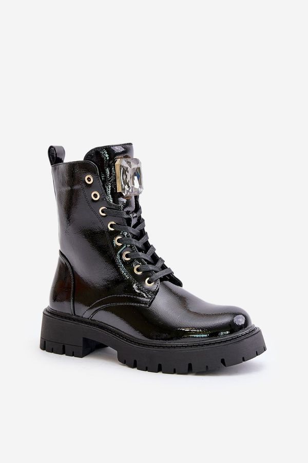 Kesi Patent leather ankle boots Worker insulated with black decoration Depisa