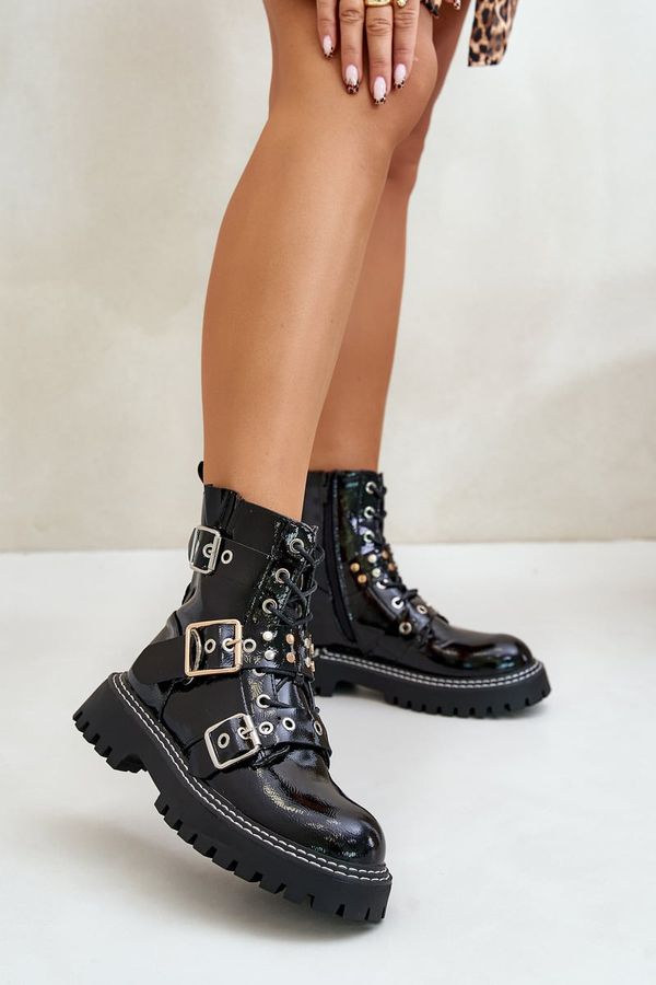 Kesi Patent leather ankle boots Workery with buckles black Serizia