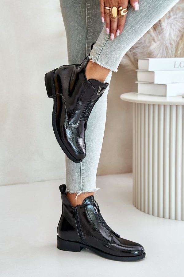 S. BARSKI Patent leather women's ankle boots with a flat heel insulated black S.Barski black