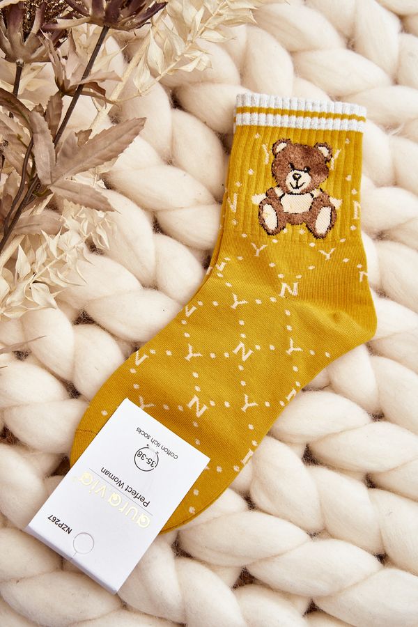 Kesi Patterned socks for women with teddy bear, yellow