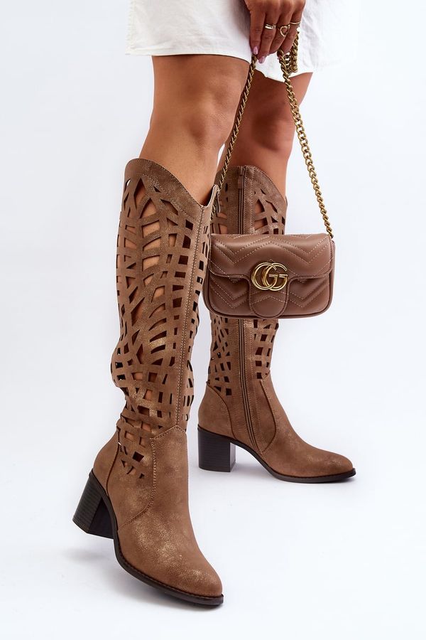 PE2 PE2 Brown Lacy Boots with Heels Pinkema