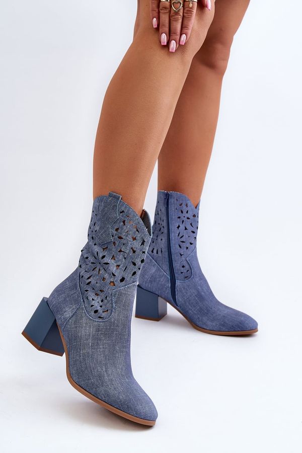 PE2 PE2 Denim Boots With Lattice Upper on Block Heel Blue Irvelame