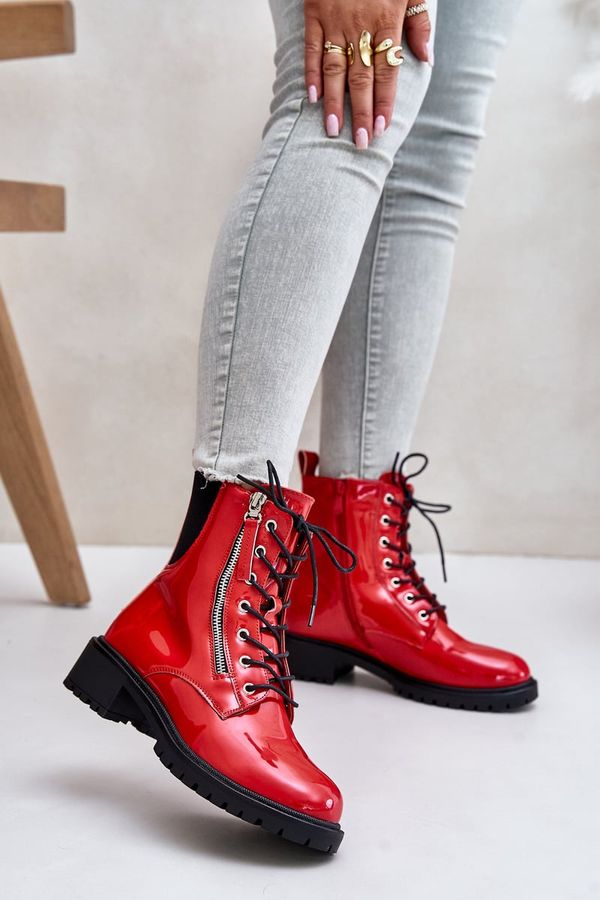 PH2 PH2 Lacquered Worker Boots With Zipper Insulated Red Ravanthia