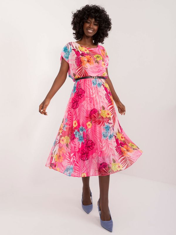 Fashionhunters Pink patterned dress with belt