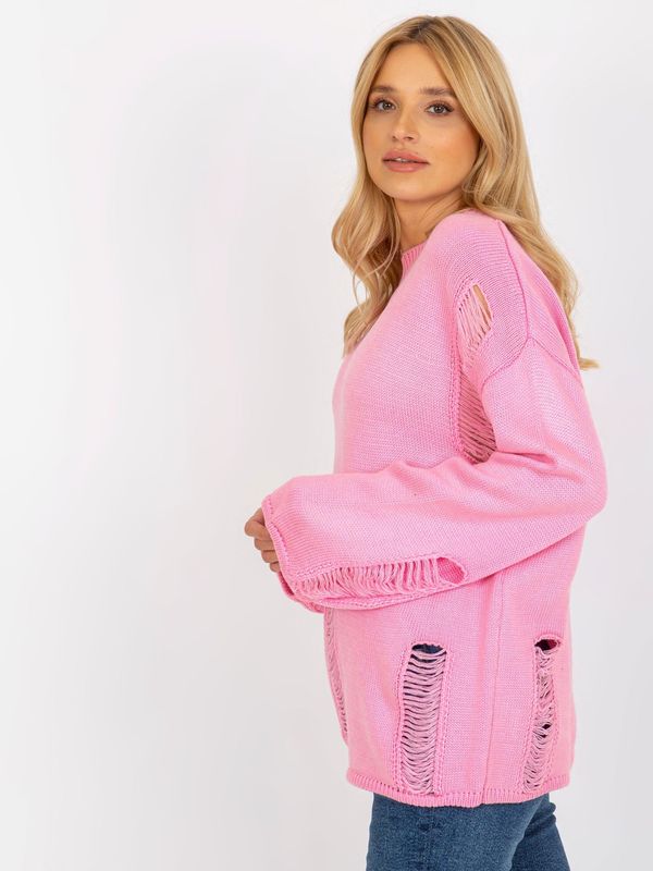 Fashionhunters Pink women's oversize sweater with holes