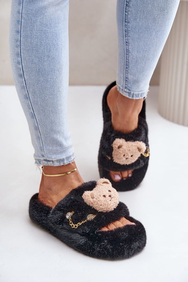 PS1 PS1 Ladies Fur Slippers With Bear And Decorative Elements Black Innalise